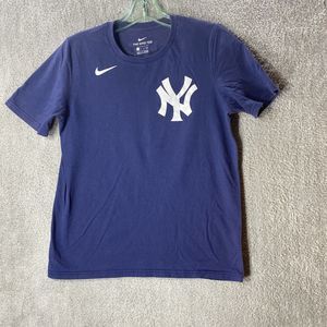 NIKE Yankees Shirt Womens Large Blue NY TORRES Swoosh Logo Short Sleeve Crewneck